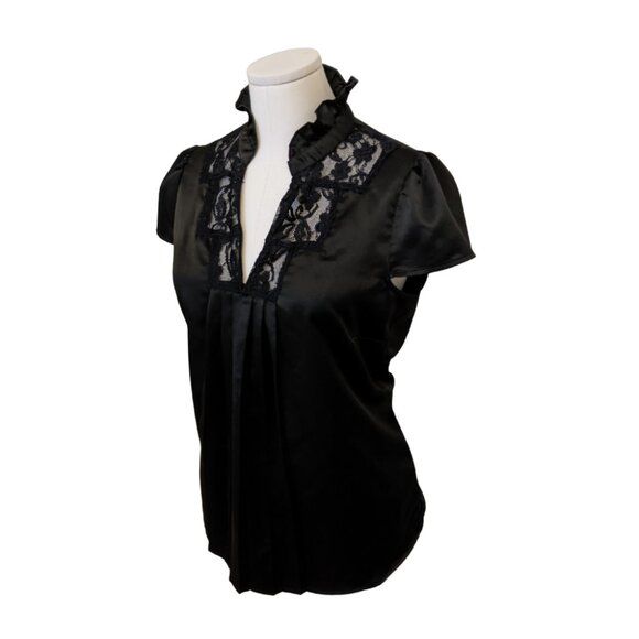 Vintage Y2K Black Lace Satin Blouse Witchy Whimsygoth Vamp V Neck Sz M - Picture 2 of 8